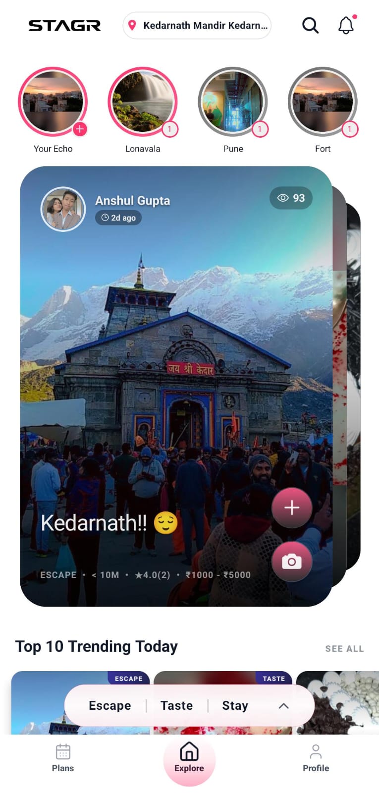 STAGR app home screen - discover real places, cafés and stays near you